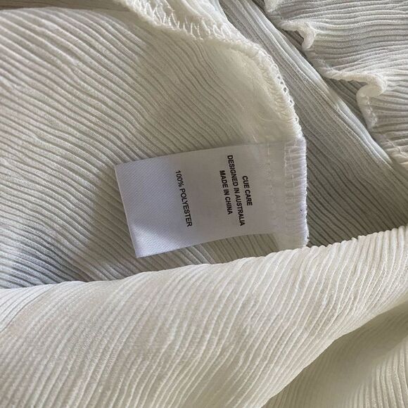 Cue 8 Medium White Chiffon Semi Sheer Blouse Black Trim Tied Sleeve Crew - Picture 10 of 10